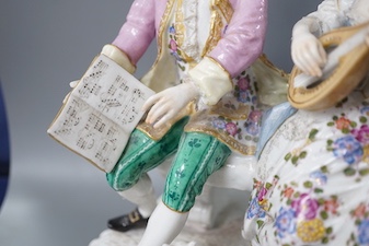 A 19th century Samson of Paris porcelain figure group of a lady playing a mandolin to her teacher 22cm